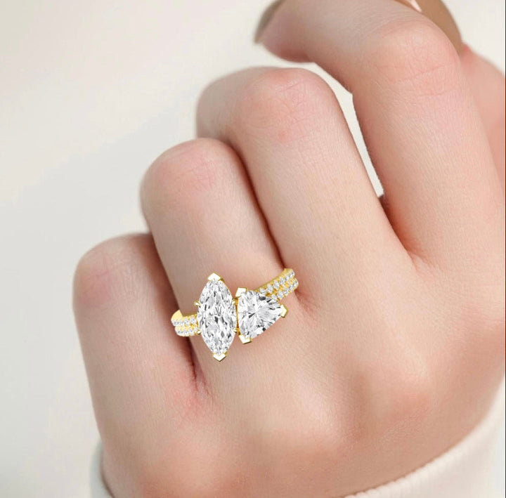 IGI Graded 2.45ctw Marquise & Trilliant with Round Brilliants Lab-Grown Diamond Toi et Moi Engagement Ring in 14k Yellow Gold