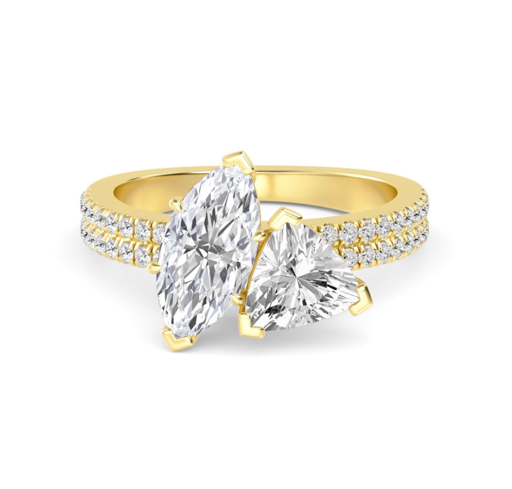 IGI Graded 2.45ctw Marquise & Trilliant with Round Brilliants Lab-Grown Diamond Toi et Moi Engagement Ring in 14k Yellow Gold