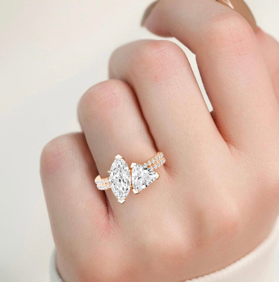 IGI Graded 2.45ctw Marquise & Trilliant with Round Brilliants Lab-Grown Diamond Toi et Moi Engagement Ring in 14k Rose Gold