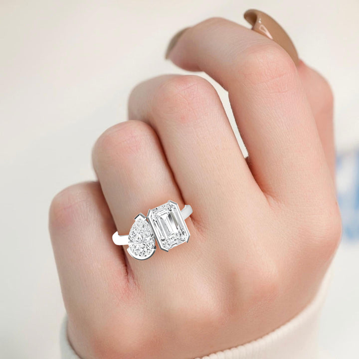 IGI Graded 5.12ctw Emerald & Pear Cut Lab-Grown Toi et Moi Engagement Ring in 14k White Gold
