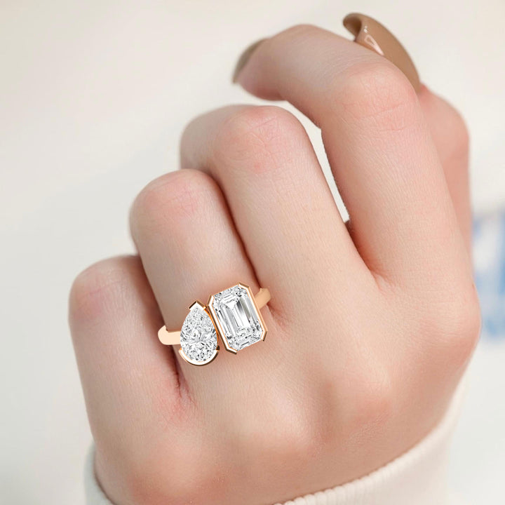 IGI Graded 5.12ctw Emerald & Pear Cut Lab-Grown Toi et Moi Engagement Ring in 14k Rose Gold