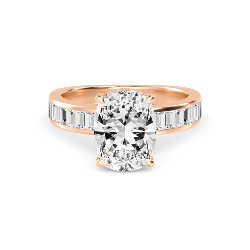 IGI Graded 3.09ct Cushion Cut with Baguettes Lab-Grown Diamond Engagement Ring in 14k Rose Gold