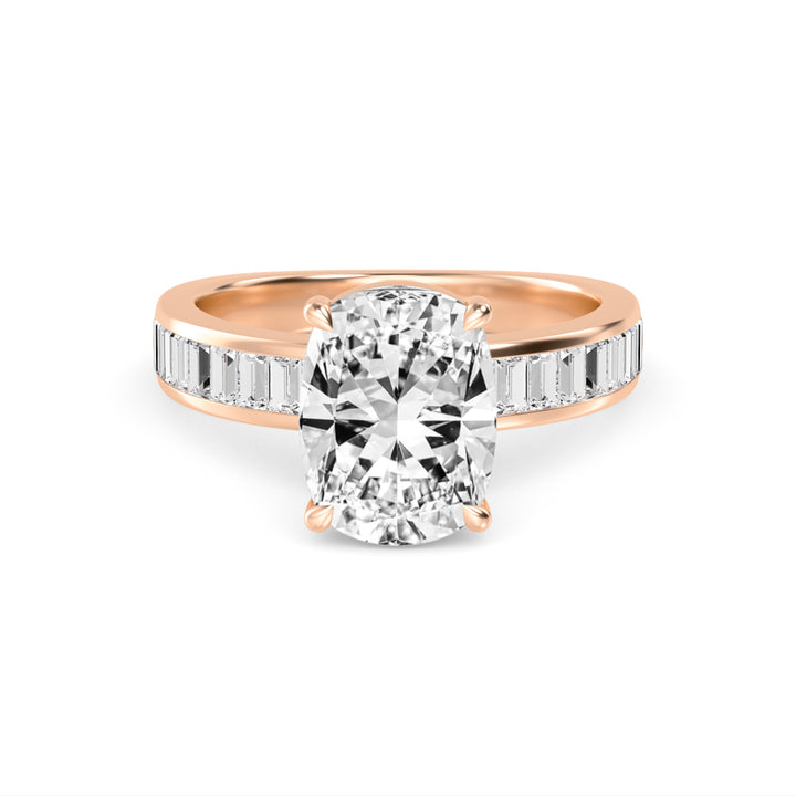 IGI Graded 3.09ct Cushion Cut with Baguettes Lab-Grown Diamond Engagement Ring in 14k Rose Gold