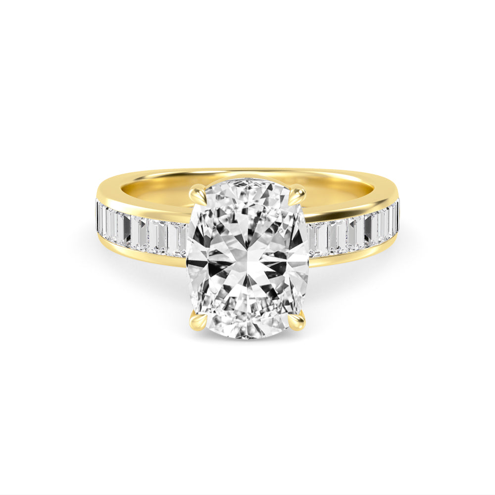 IGI Graded 3.09ct Cushion Cut with Baguettes Lab-Grown Diamond Engagement Ring in 14k Yellow Gold