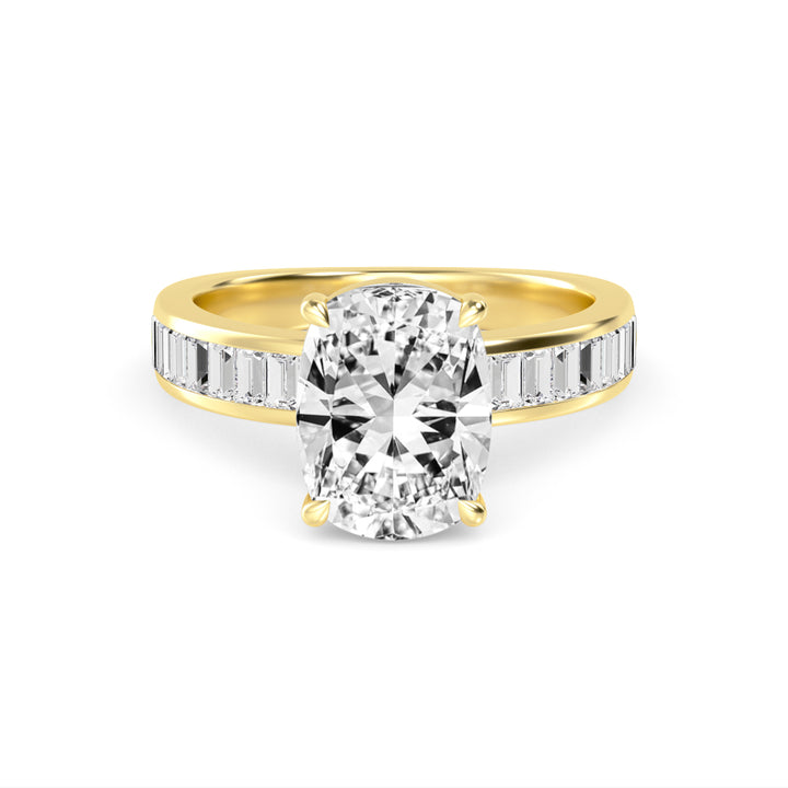 IGI Graded 3.09ct Cushion Cut with Baguettes Lab-Grown Diamond Engagement Ring in 14k Yellow Gold