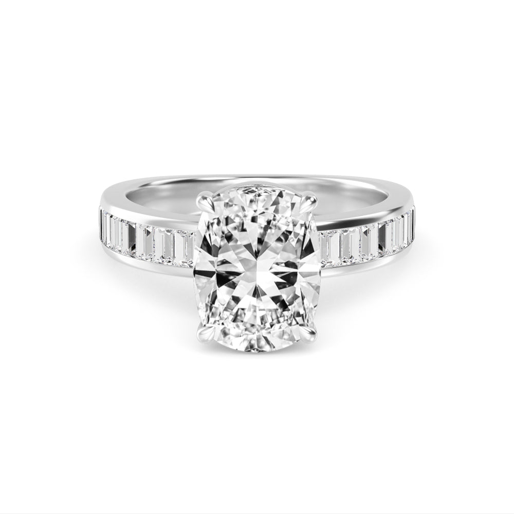 IGI Graded 3.09ct Cushion Cut with Baguettes Lab-Grown Diamond Engagement Ring in 14k White Gold