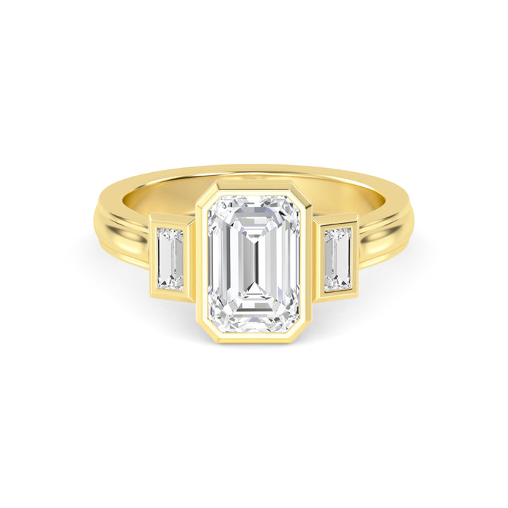 IGI Graded 2.23ctw Emerald Cut & Baguette Cut Lab-Grown Diamond 3-Stone Bezel-Set Engagement Ring 14k Yellow Gold