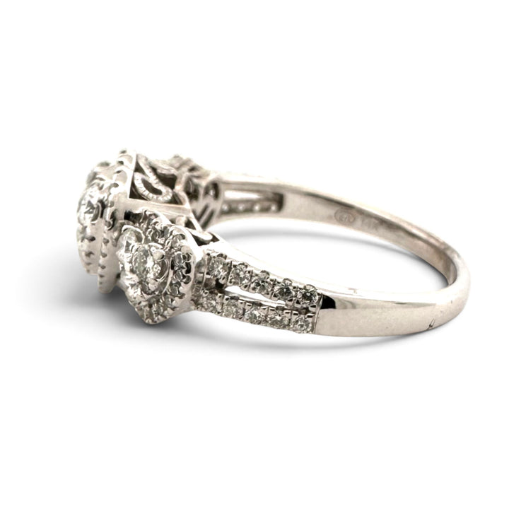 0.82ctw Round Brilliant Natural Diamond Cluster Three Hearts Engagement Ring in 14k White Gold