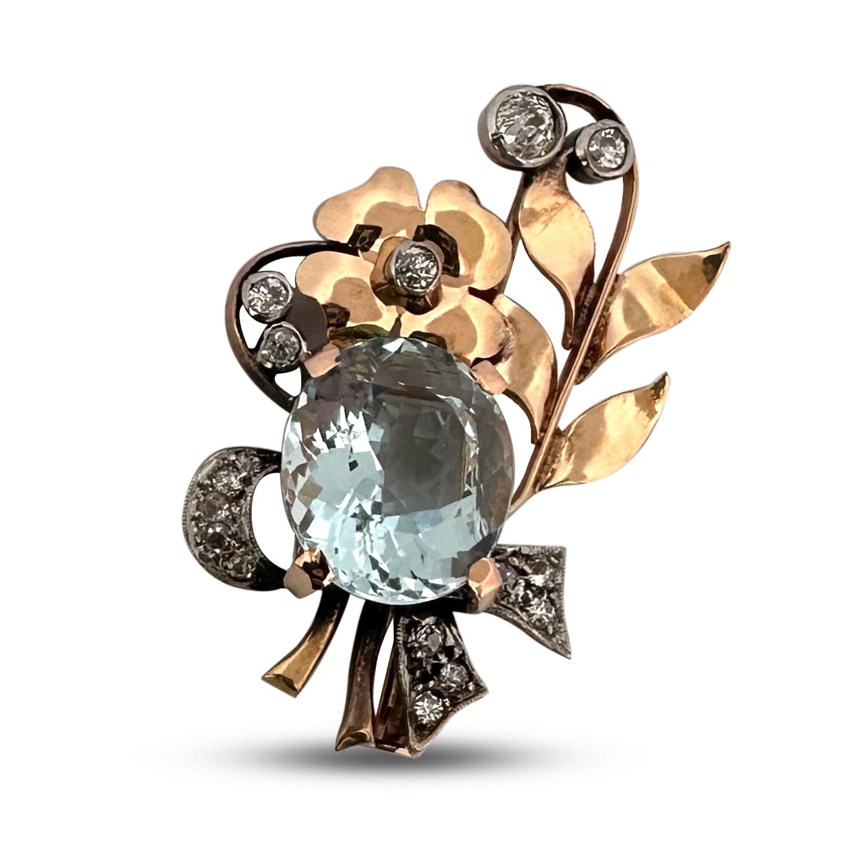 Vintage Aquamarine & Old European Cut Natural Diamond Floral Bow Brooch in 14k Two-Tone Gold