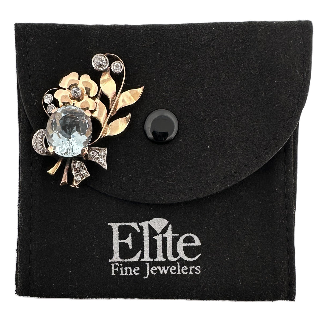 Vintage Aquamarine & Old European Cut Natural Diamond Floral Bow Brooch in 14k Two-Tone Gold