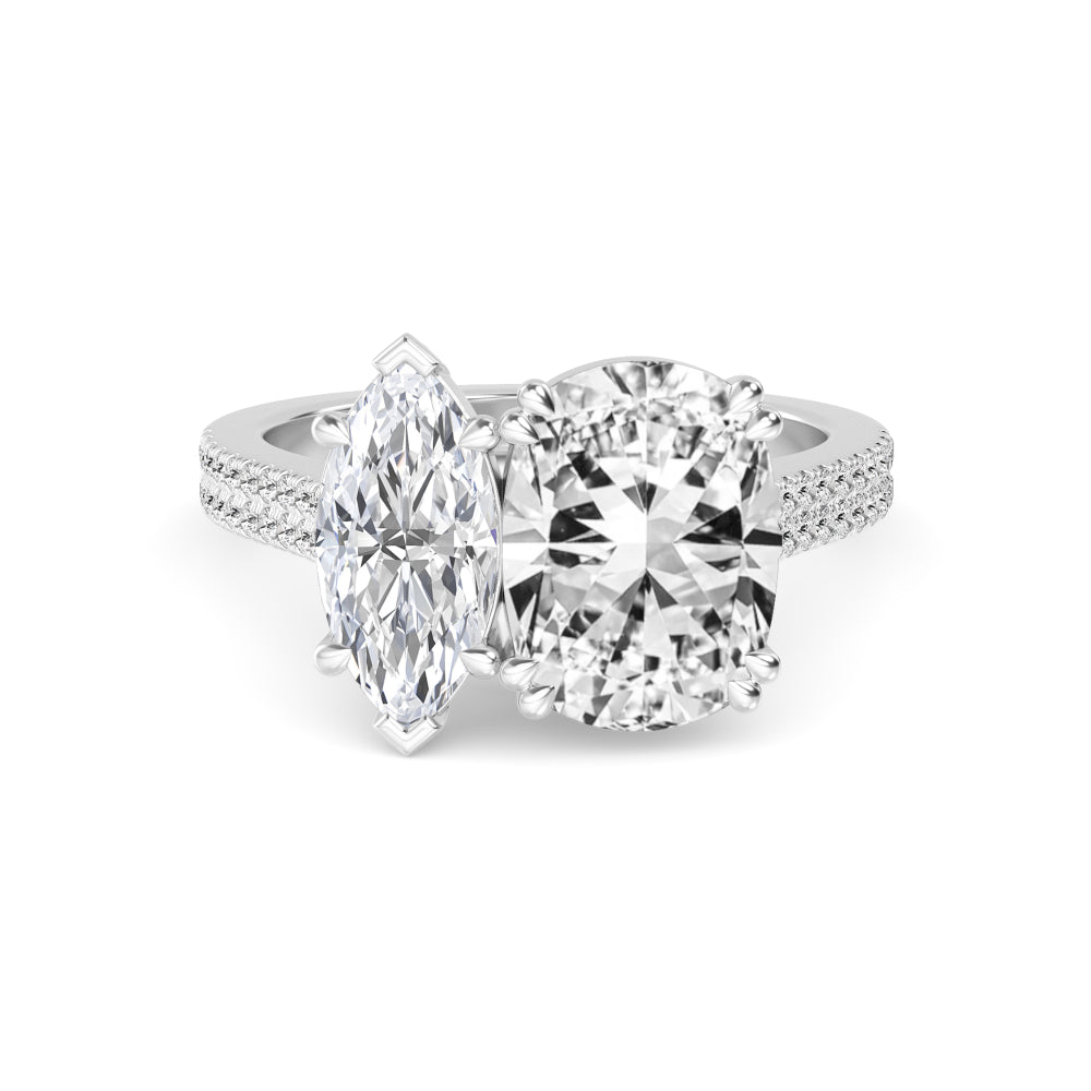 IGI Graded 5.77ctw Cushion & Marquise Cut with Round Brilliants Lab-Grown Diamond Toi et Moi Ring in 14k White Gold