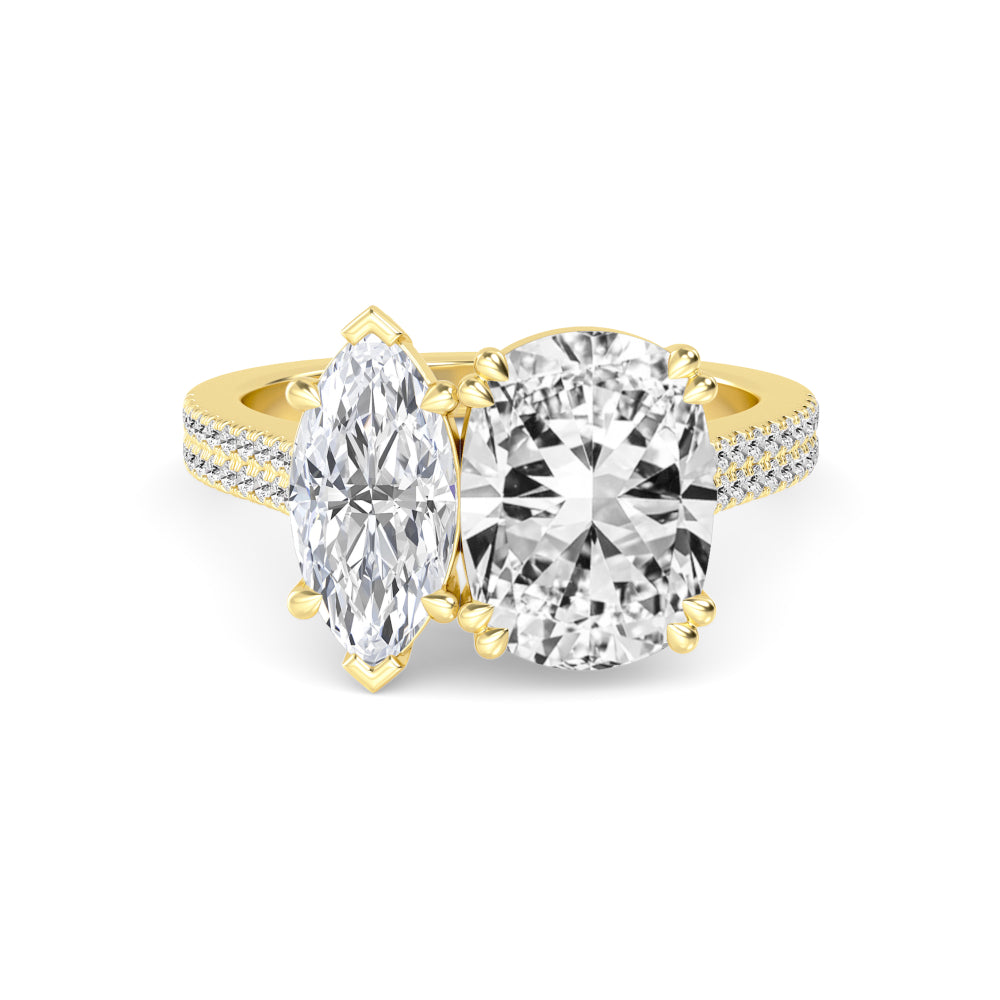 IGI Graded 5.77ctw Cushion & Marquise Cut with Round Brilliants Lab-Grown Diamond Toi et Moi Ring in 14k Yellow Gold