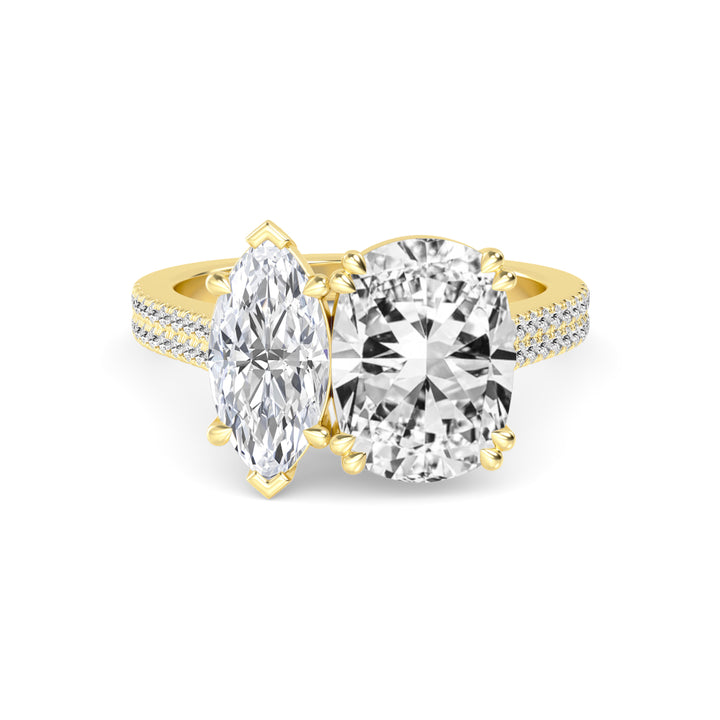 IGI Graded 5.77ctw Cushion & Marquise Cut with Round Brilliants Lab-Grown Diamond Toi et Moi Ring in 14k Yellow Gold