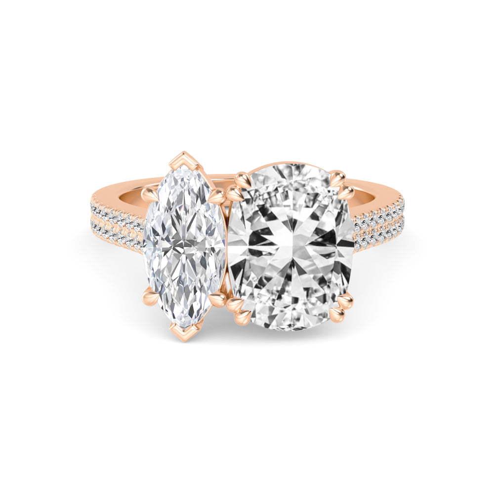 IGI Graded 5.77ctw Cushion & Marquise Cut with Round Brilliants Lab-Grown Diamond Toi et Moi Ring in 14k Rose Gold