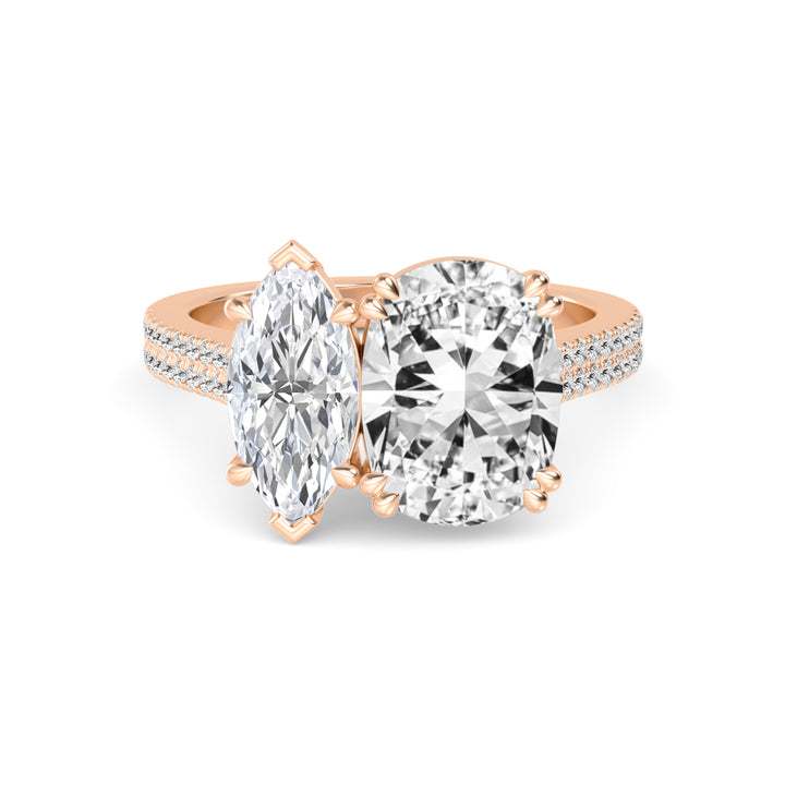 IGI Graded 5.77ctw Cushion & Marquise Cut with Round Brilliants Lab-Grown Diamond Toi et Moi Ring in 14k Rose Gold