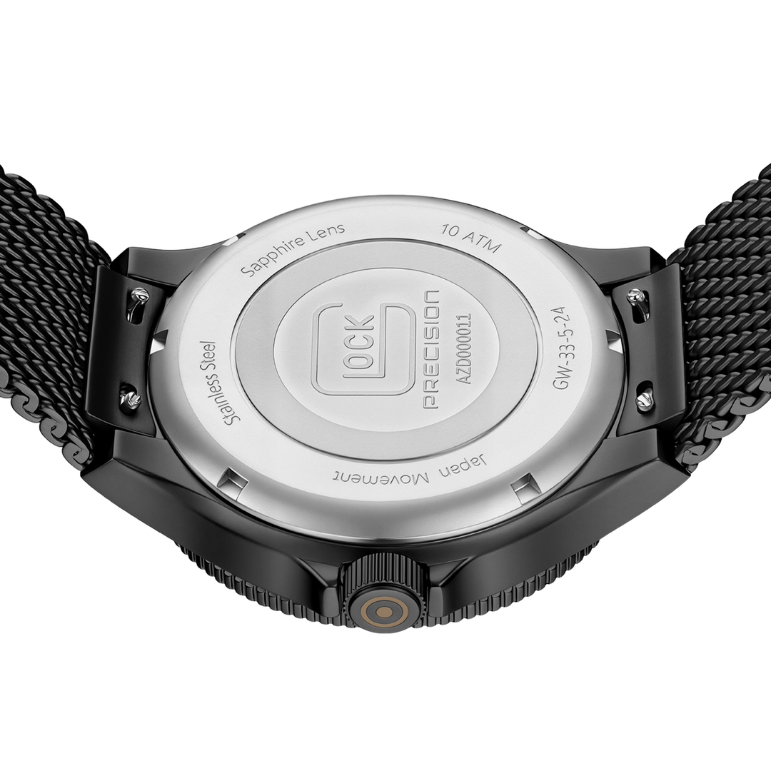 GLOCK GW-33-5-24 44mm Blackened Stainless Steel Quartz Mesh Bracelet Watch