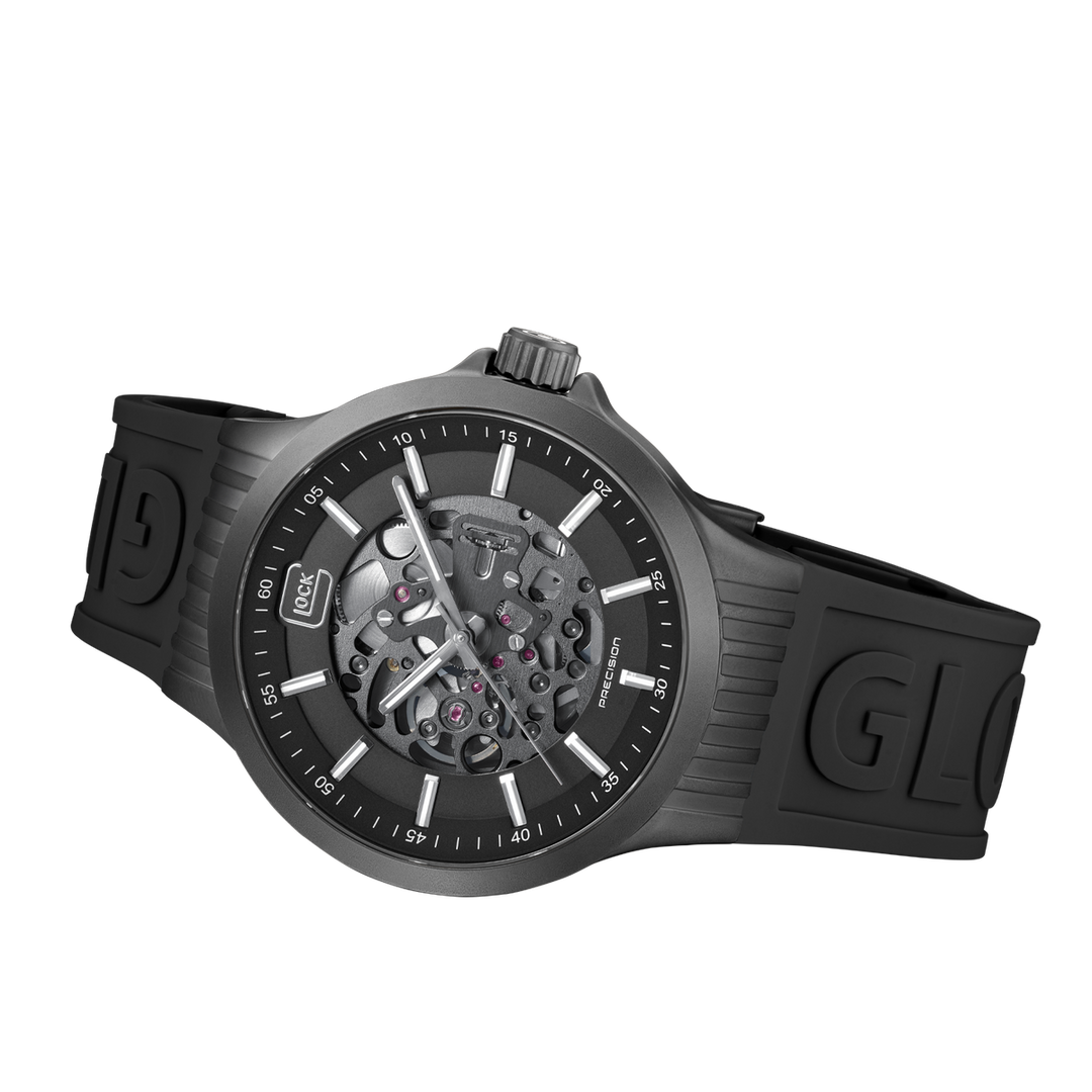 GLOCK GW-14-1-24 44mm Stainless Steel Automatic Skeletonized Watch with Silicone Bracelet