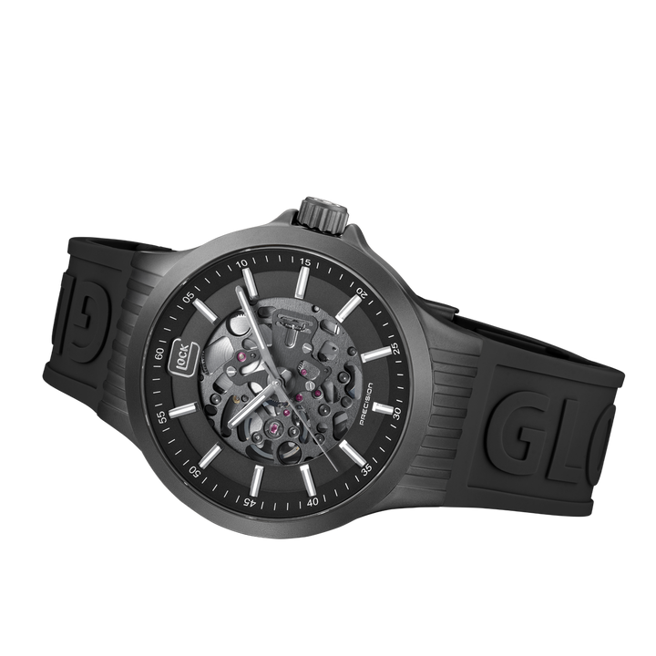 GLOCK GW-14-1-24 44mm Stainless Steel Automatic Skeletonized Watch with Silicone Bracelet