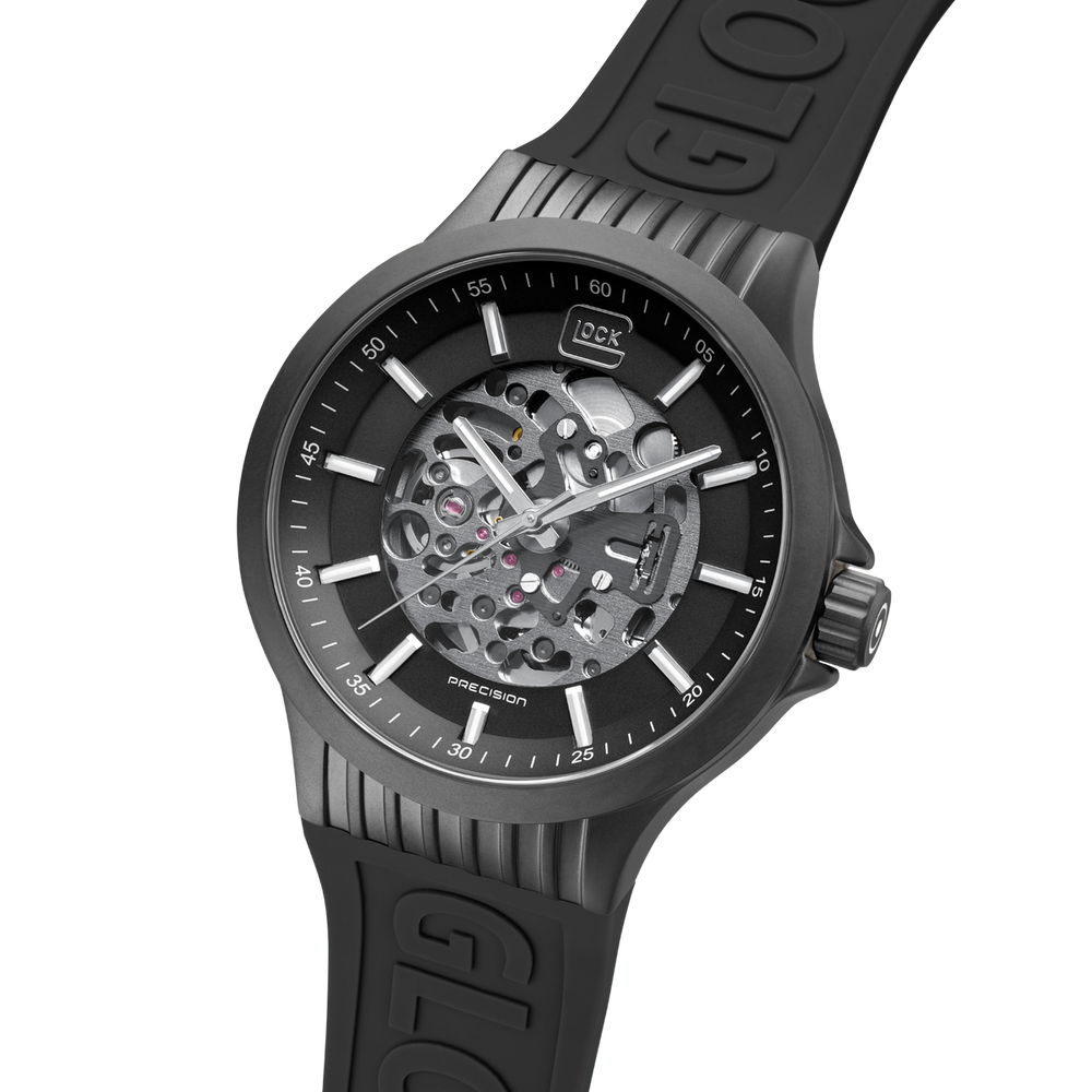 GLOCK GW-14-1-24 44mm Stainless Steel Automatic Skeletonized Watch with Silicone Bracelet