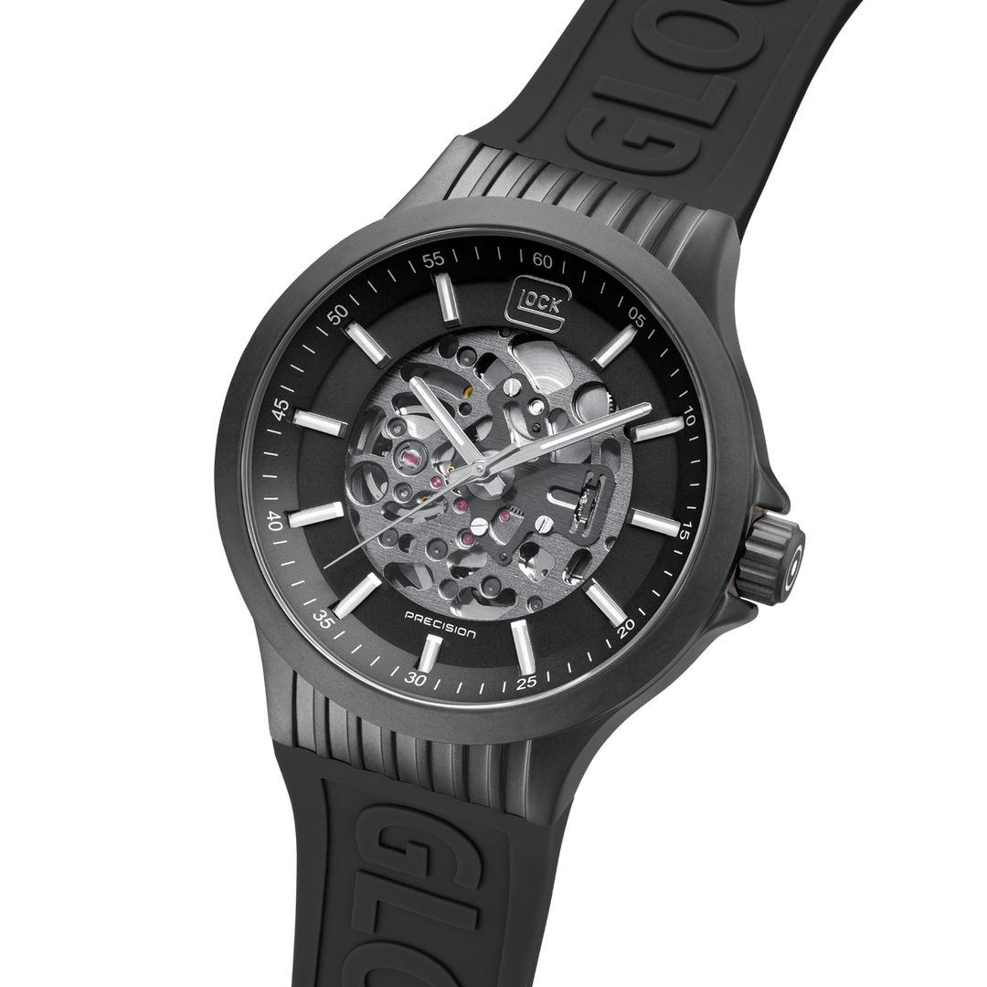 GLOCK GW-14-1-24 44mm Stainless Steel Automatic Skeletonized Watch with Silicone Bracelet