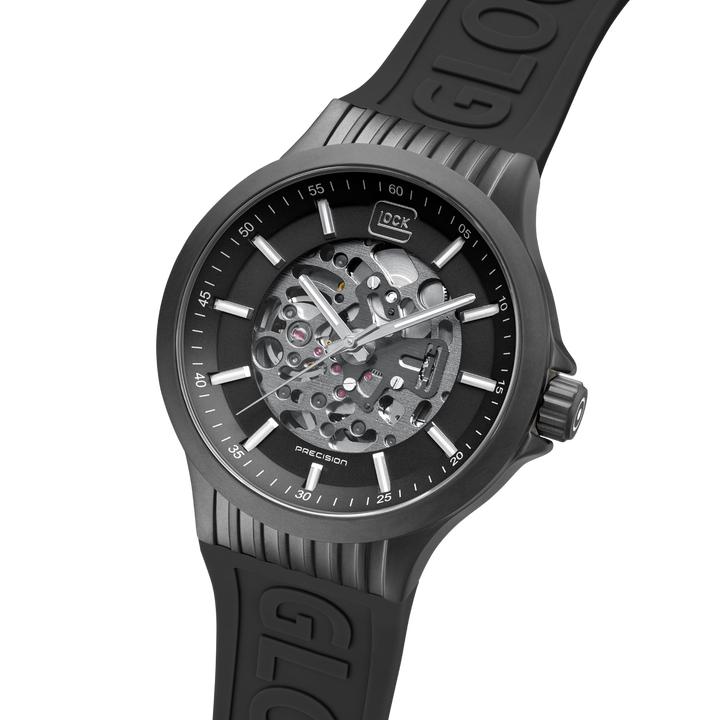 GLOCK GW-14-1-24 44mm Stainless Steel Automatic Skeletonized Watch with Silicone Bracelet