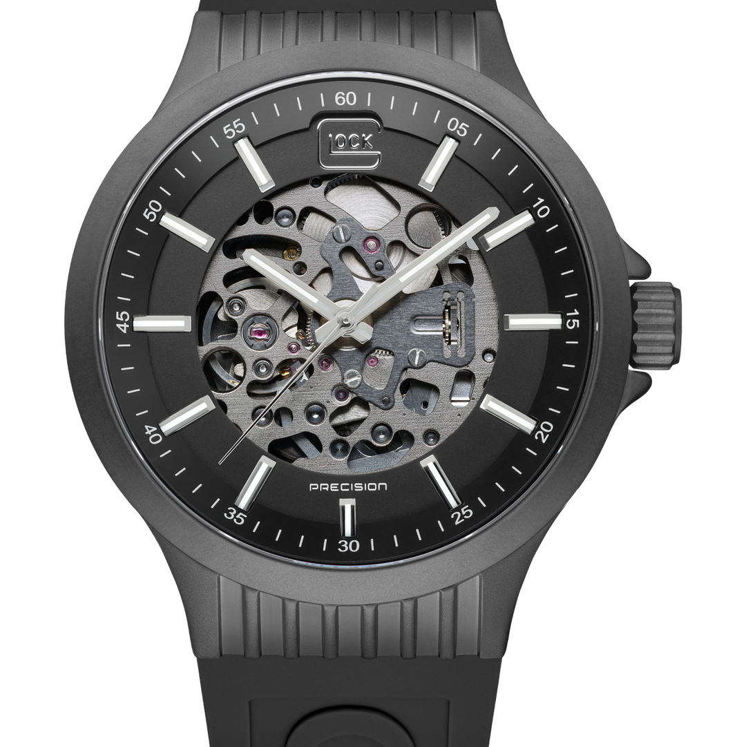 GLOCK GW-14-1-24 44mm Stainless Steel Automatic Skeletonized Watch with Silicone Bracelet