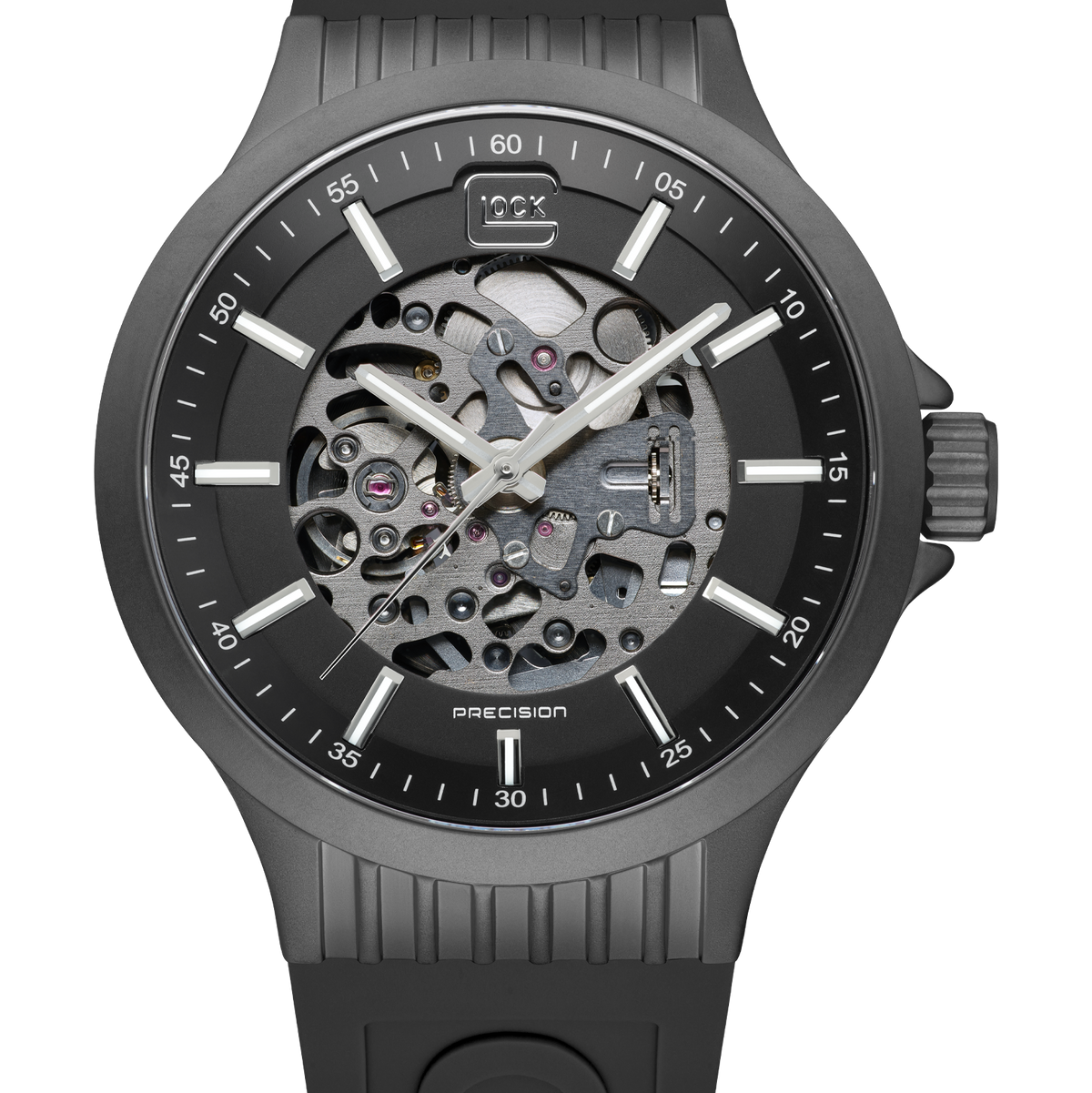 GLOCK GW-14-1-24 44mm Stainless Steel Automatic Skeletonized Watch with Silicone Bracelet