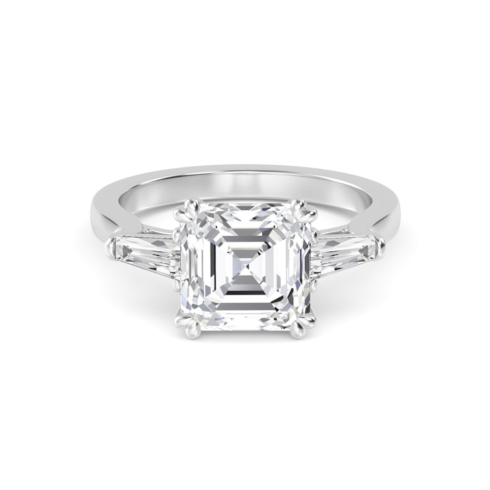 IGI Graded 4.03ct Asscher Cut & Tapered Baguette Lab-Grown Diamond 3-Stone Engagement Ring in 14k White Gold