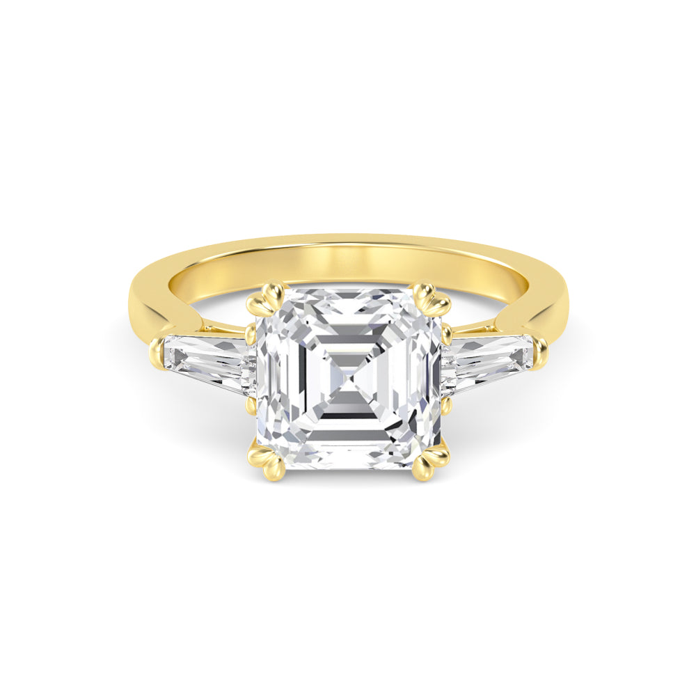 IGI Graded 4.03ct Asscher Cut & Tapered Baguette Lab-Grown Diamond 3-Stone Engagement Ring in 14k Yellow Gold