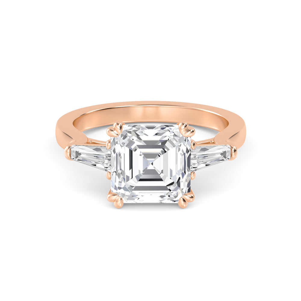 IGI Graded 4.03ct Asscher Cut & Tapered Baguette Lab-Grown Diamond 3-Stone Engagement Ring in 14k Rose Gold