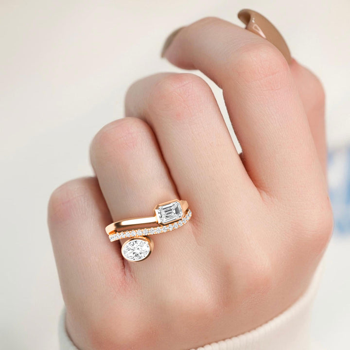 1ctw Oval, Emerald and Round Brilliant Lab-Grown Diamond East-West Ring in 14k Rose Gold