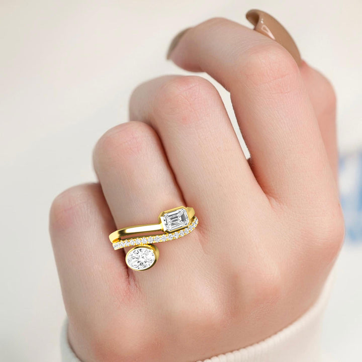 1ctw Oval, Emerald and Round Brilliant Lab-Grown Diamond East-West Ring in 14k Yellow Gold