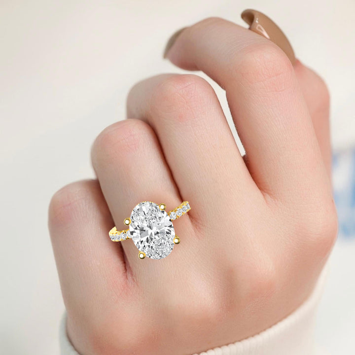 IGI Graded 4.00ct Oval with Round Brilliant Lab-Grown Diamonds Hidden Halo Engagement Ring in 14k Yellow Gold