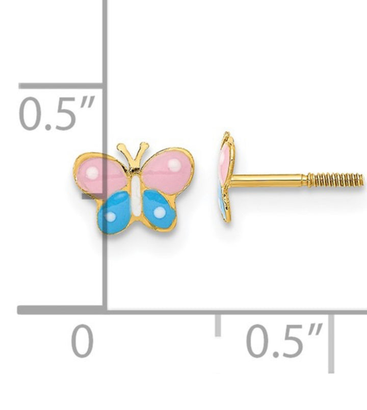 Kids Butterfly Blue and Pink Enameled Screwback Stud Earrings in 14k Yellow Gold
