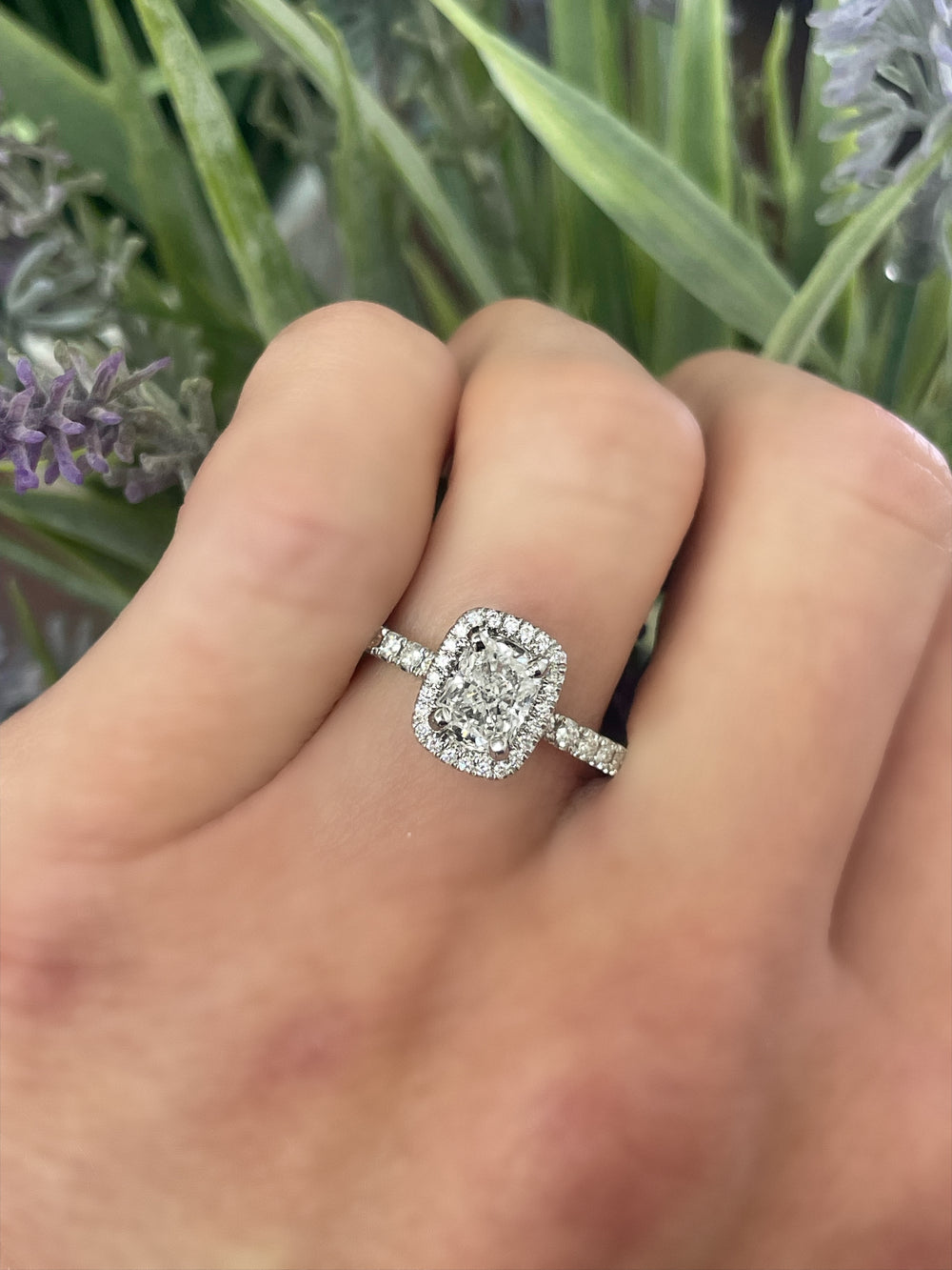 Radiant-Cut Diamond with Halo 14k White Gold Engagement Ring on hand