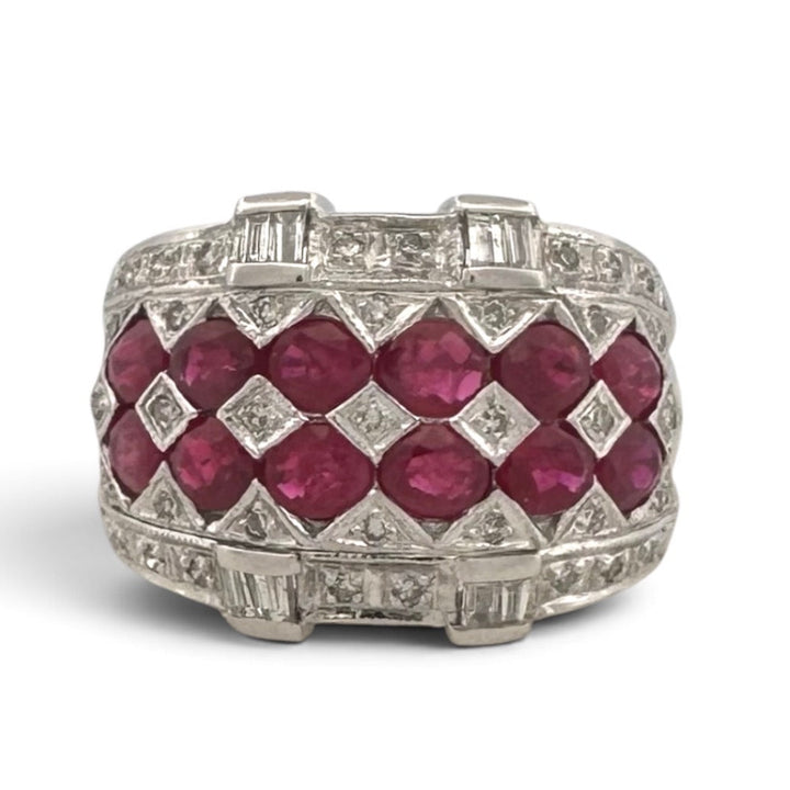 Oval Ruby with Single & Baguette Cut Natural Diamond Cocktail Ring in 14k White Gold