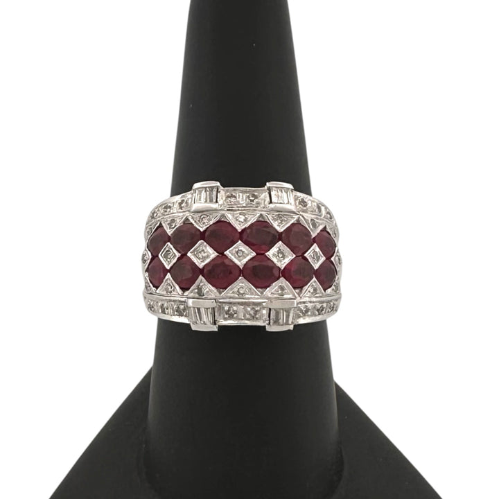 Oval Ruby with Single & Baguette Cut Natural Diamond Cocktail Ring in 14k White Gold