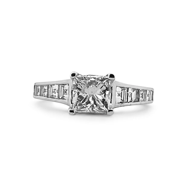  Princess Cut and Baguette Diamond Engagement Ring in 18k White Gold