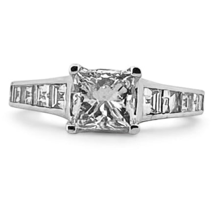  Princess Cut and Baguette Diamond Engagement Ring in 18k White Gold