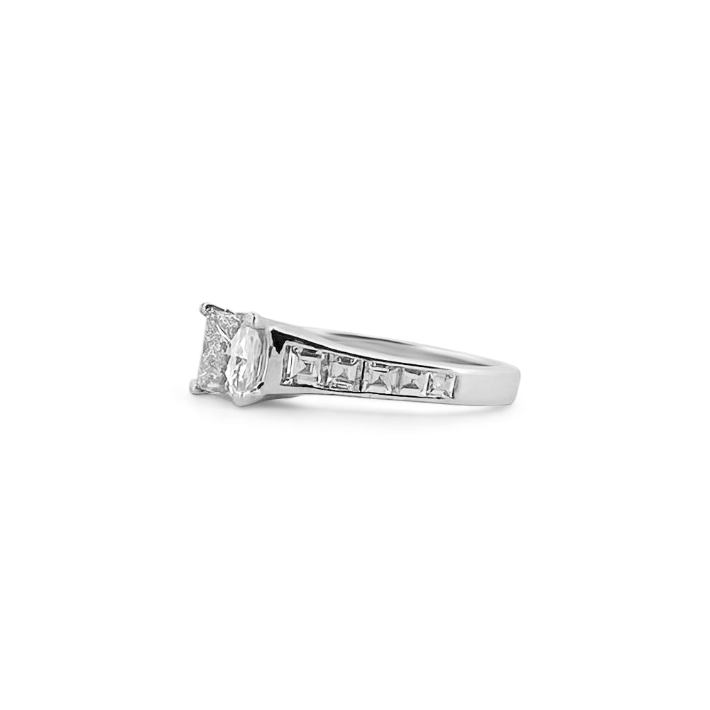  Princess Cut and Baguette Diamond Engagement Ring in 18k White Gold- Side