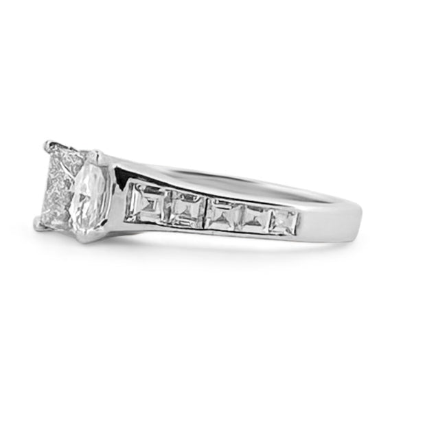  Princess Cut and Baguette Diamond Engagement Ring in 18k White Gold- Side