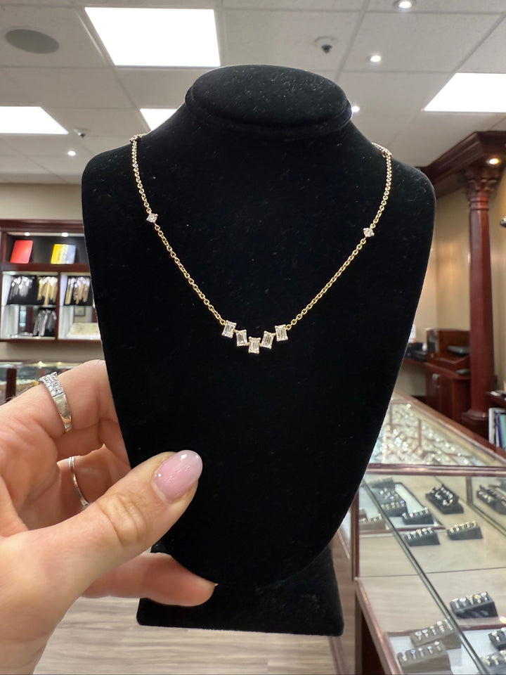 1.89ctw Emerald Cut and Round Brilliant Lab-Grown Diamond Bar Pendant Station Necklace in 14k Yellow Gold