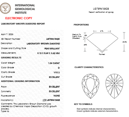 IGI Lab Report for IGI Graded 1.04ct Pear Cut Lab-Grown Diamond East-West Pendant Necklace in 14k White Gold