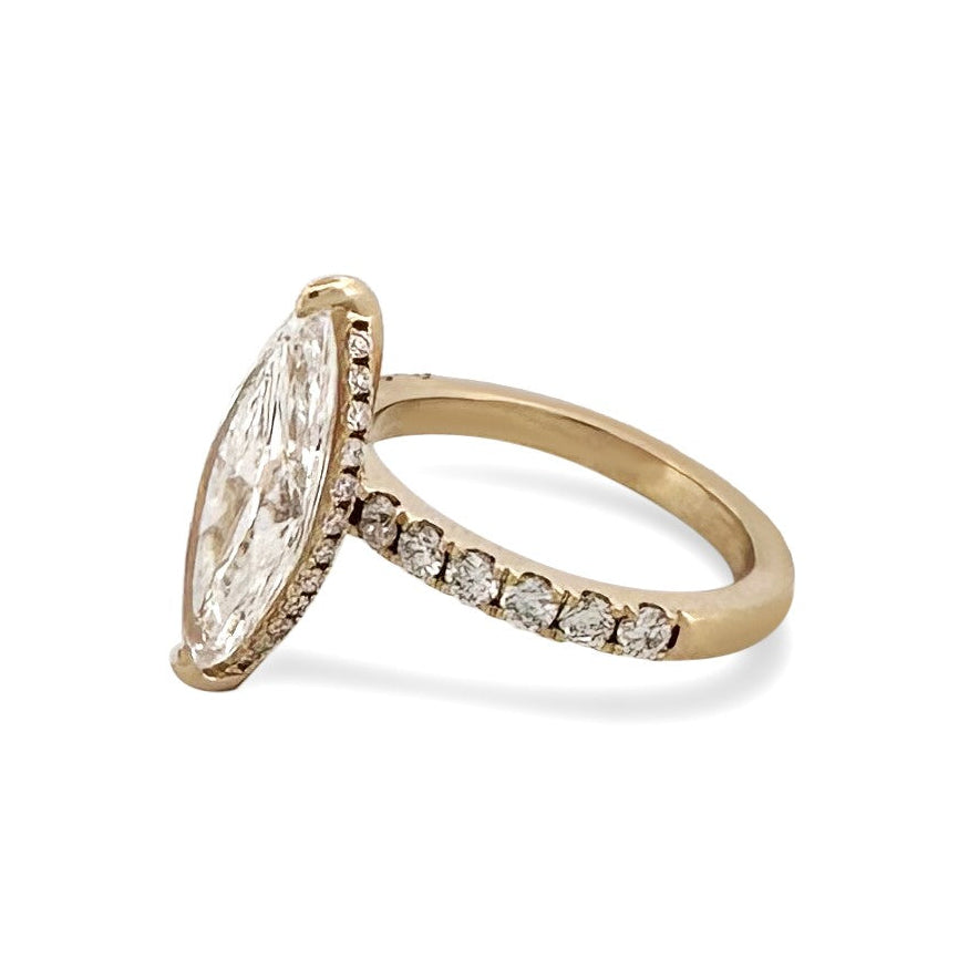 IGI Graded 4ct Marquise Center with Round Brilliant Lab-Grown Diamond Hidden Halo Engagement Ring in 14k Yellow Gold