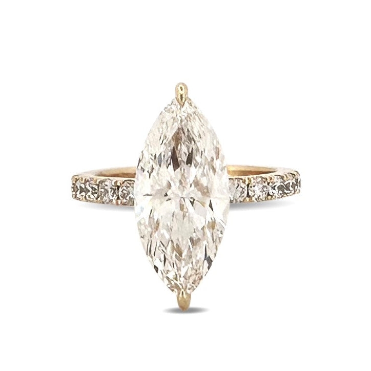 IGI Graded 4ct Marquise Center with Round Brilliant Lab-Grown Diamond Hidden Halo Engagement Ring in 14k Yellow Gold