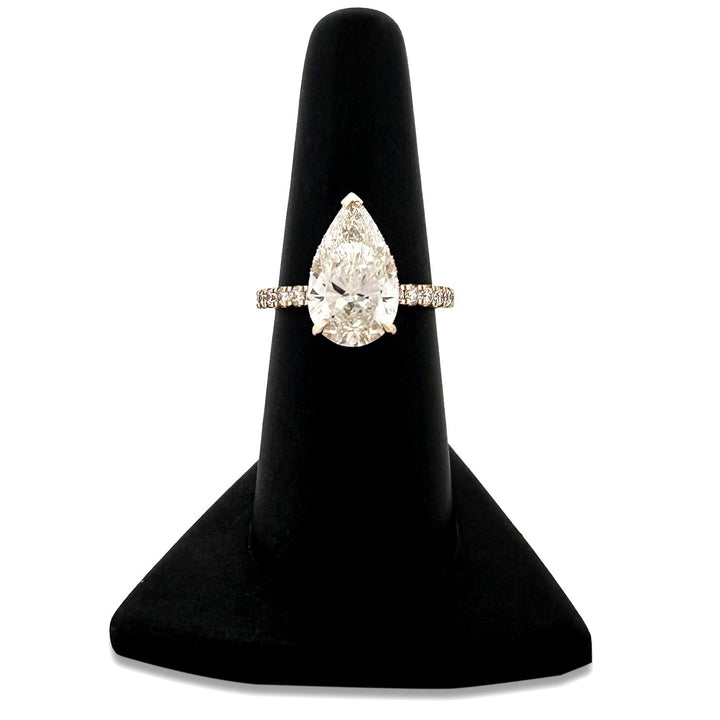 IGI Graded 4.01ct Pear with Round Brilliants Lab-Grown Diamond Hidden Halo Engagement Ring in 14k Yellow Gold