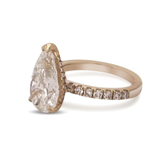 IGI Graded 4.01ct Pear with Round Brilliants Lab-Grown Diamond Hidden Halo Engagement Ring in 14k Yellow Gold