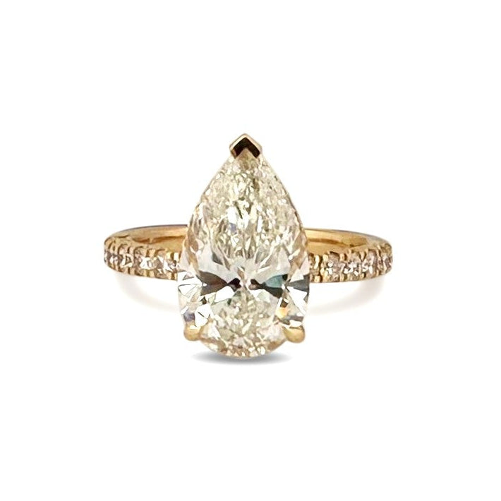 IGI Graded 4.01ct Pear with Round Brilliants Lab-Grown Diamond Hidden Halo Engagement Ring in 14k Yellow Gold
