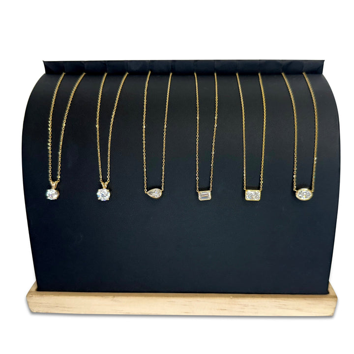 We have a large selection of lab-grown diamond solitaire necklaces.