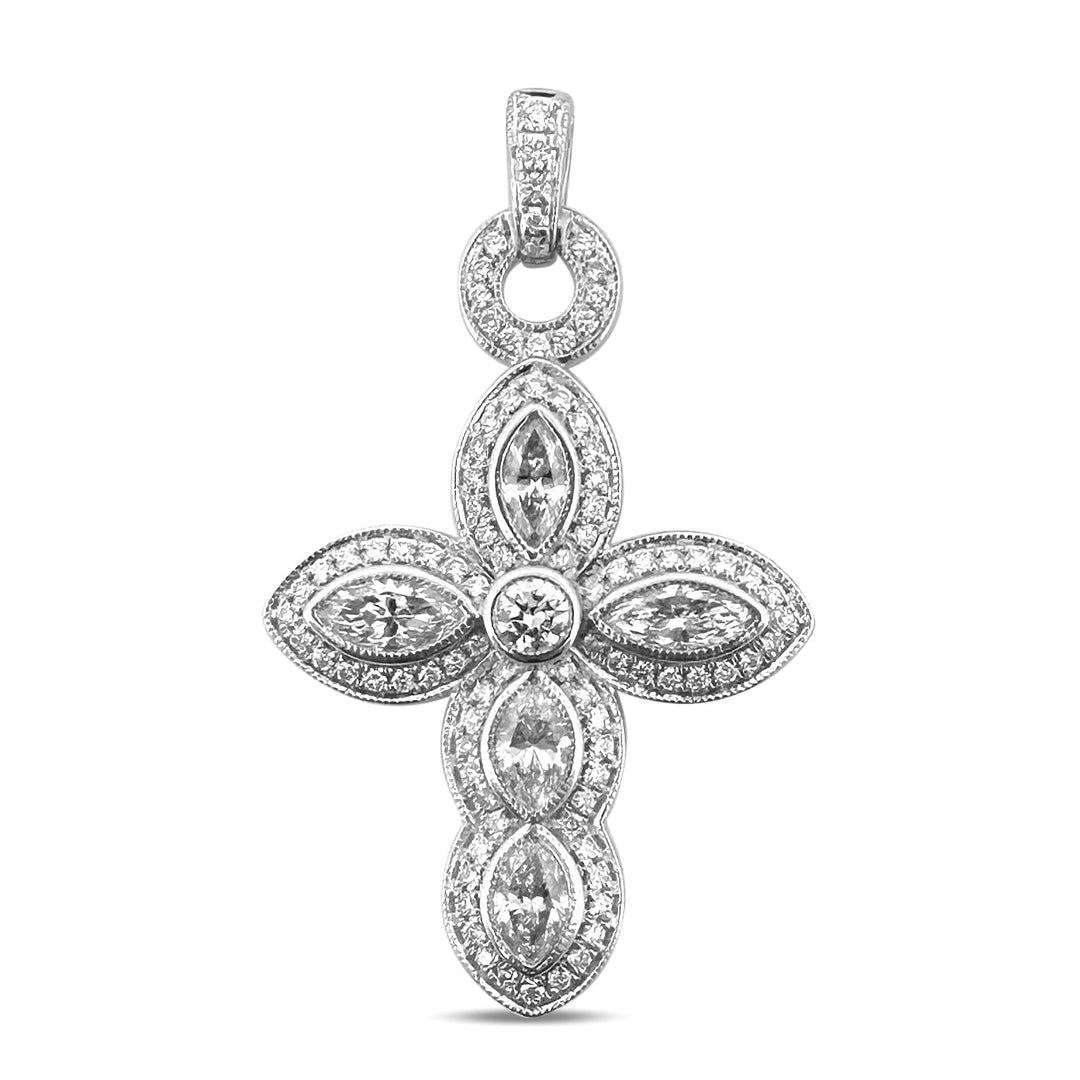 2.62ctw Marquise & Round Brilliant Natural Diamond Cross Pendant in 18k White Gold